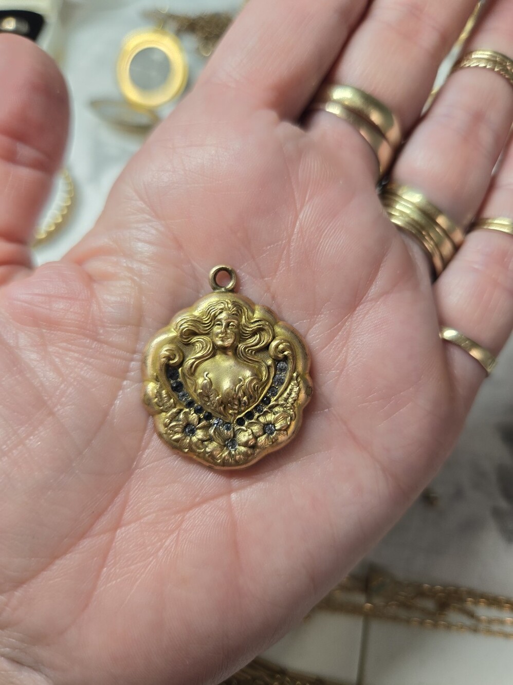 Victorian Gold Filled Floral Woman Pendant Necklace Charm
